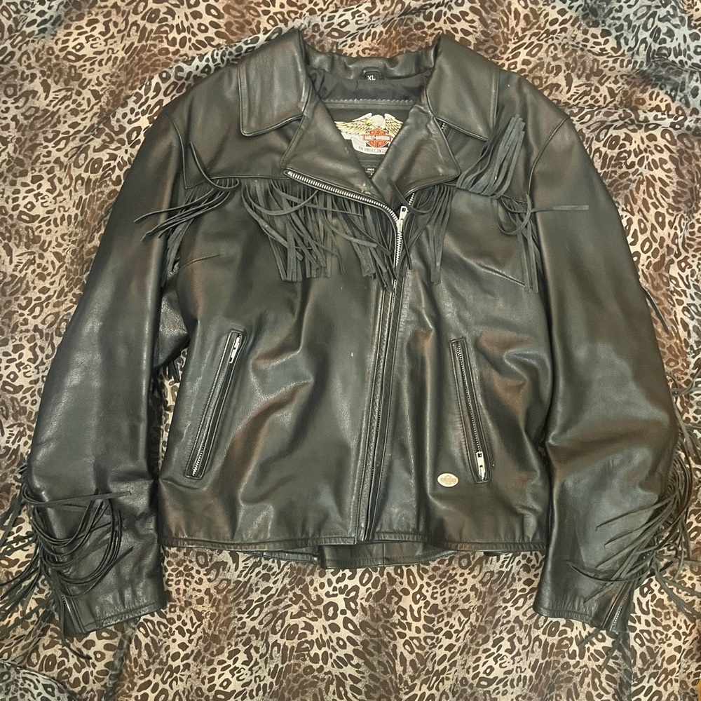 Genuine Harley Davidson Motorclothe Black Leather Fringe Riding Jacket